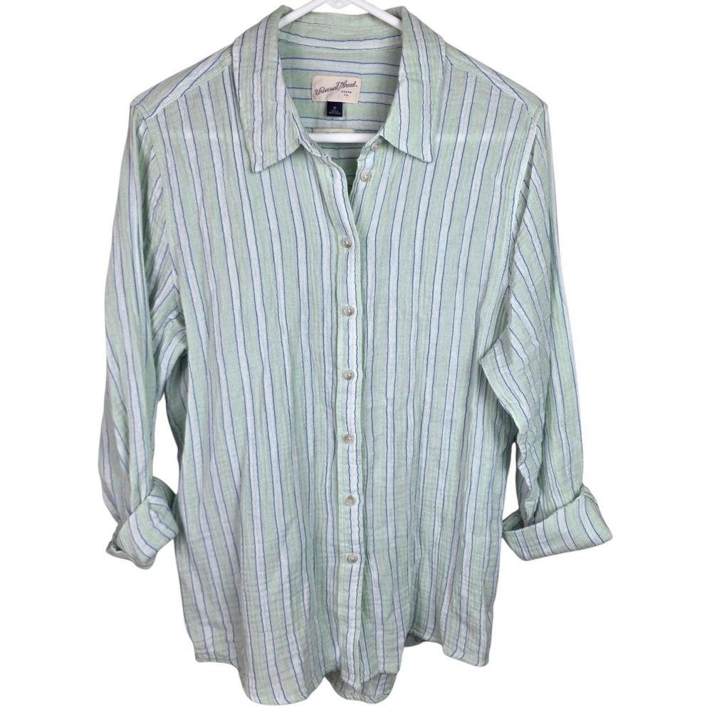 Universal Thread Button Down Women M Green Good Striped Relaxed Cotton Gauze